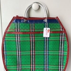 handmade green blue & red plaid market tote